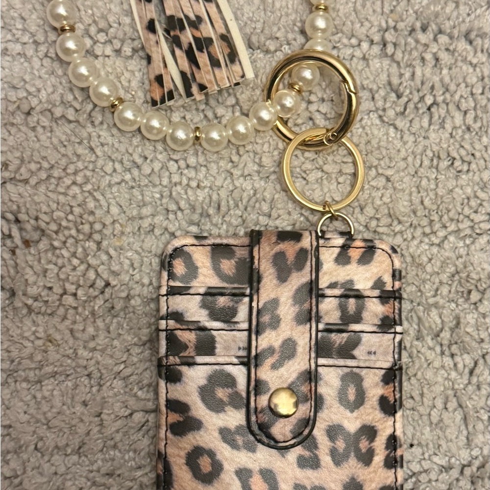 Leopard Print Card Holder with Pearl Accent